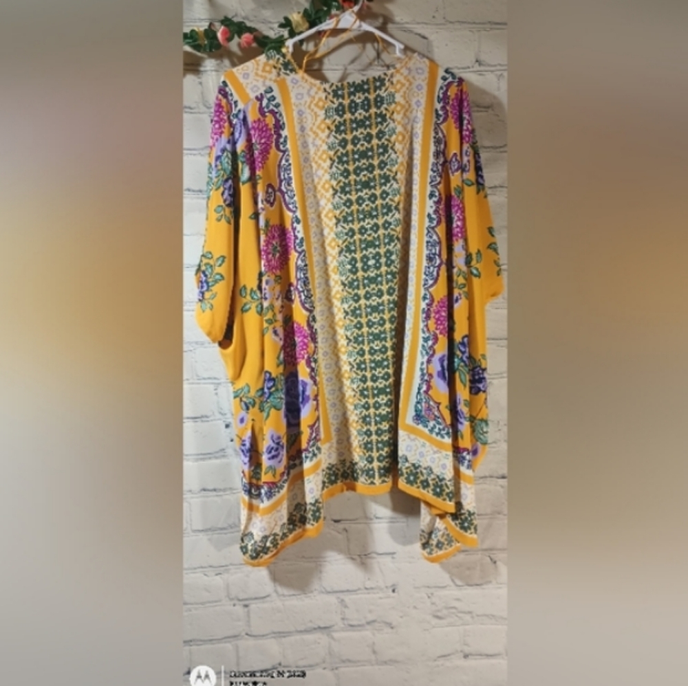 ShortSleeve Purple FloralPrint OpenFont WovenKimono Cardigan Golden - Picture 13 of 16